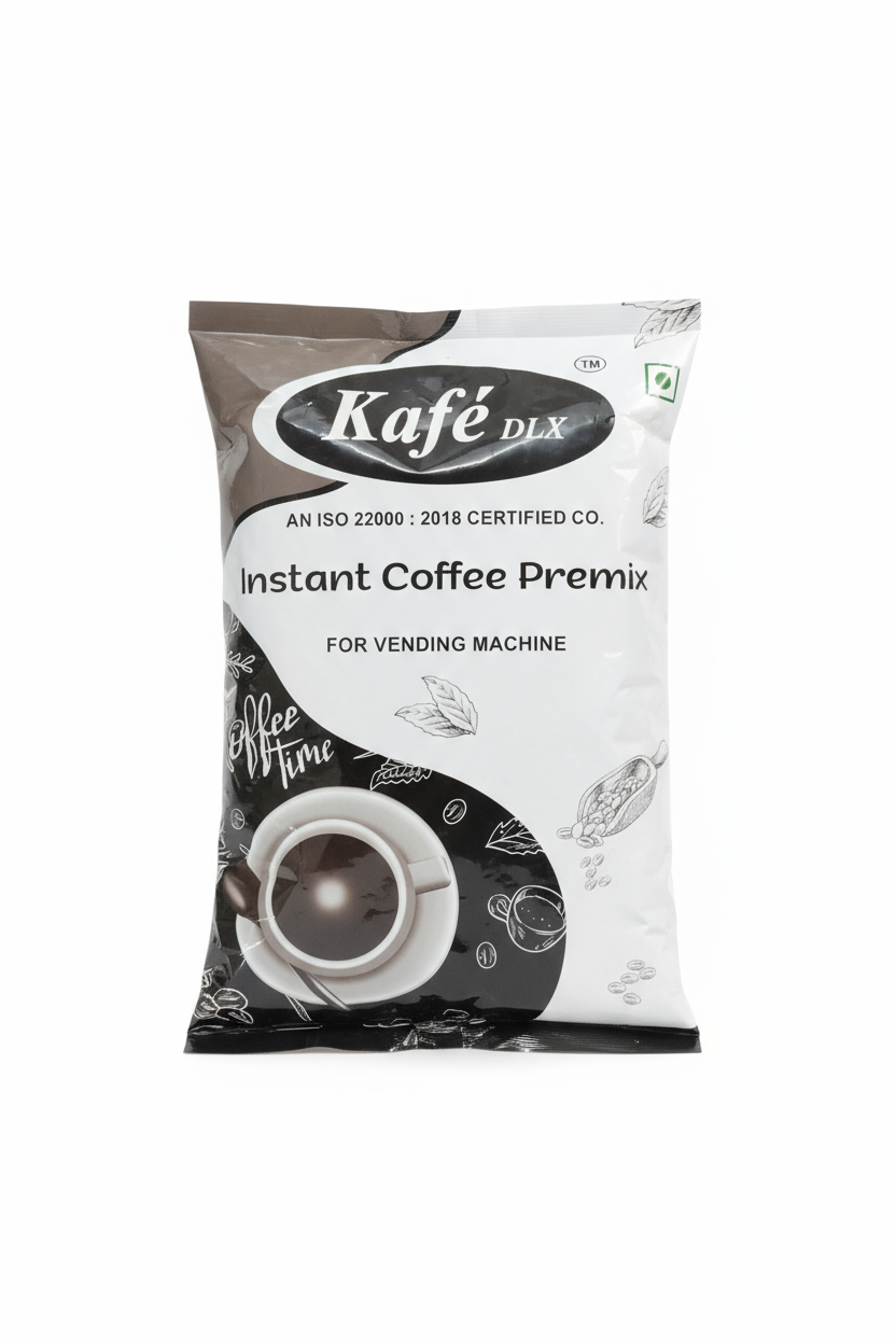 Kafe DLX instant coffee premix for vending machines in a white and black packet by Coffee Walla