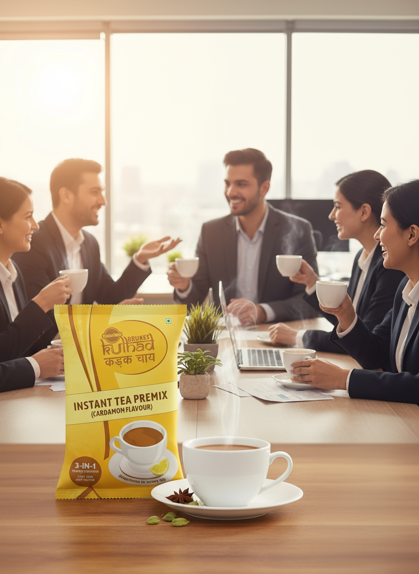 Coffee walla cardamom instant tea premix packet with steaming cup of tea on table in office meeting