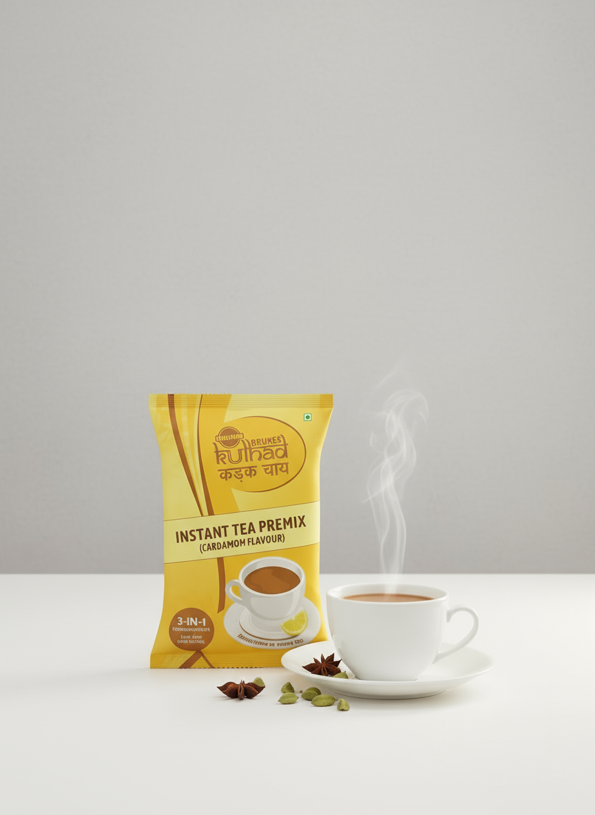 Coffee walla cardamom instant tea premix yellow packet with steaming cup of tea and cardamom pods on white surface