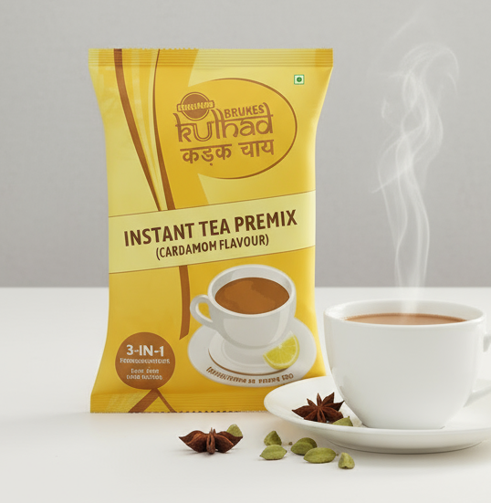 Coffee walla cardamom instant tea premix pack with steaming cup of tea and cardamom pods