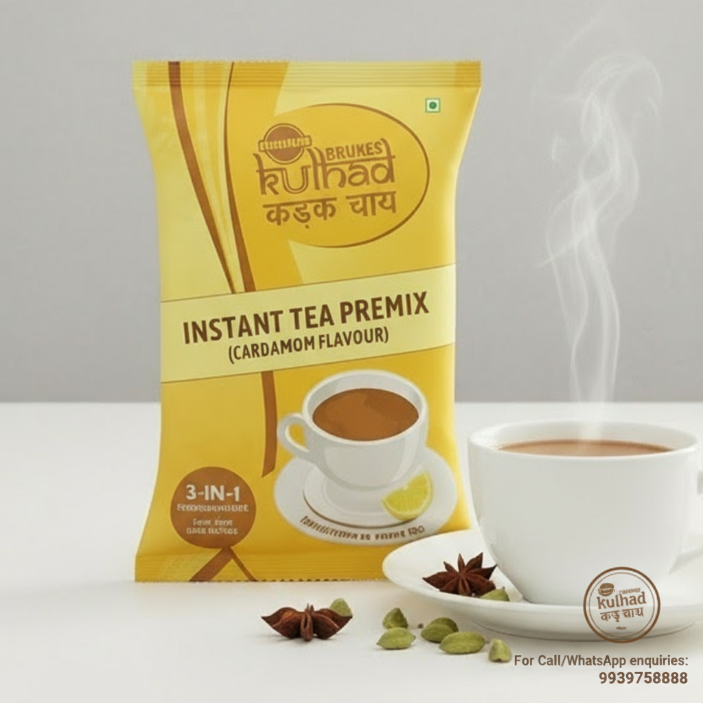 Coffee walla cardamom instant tea premix packet with steaming cup of tea and cardamom pods on white surface