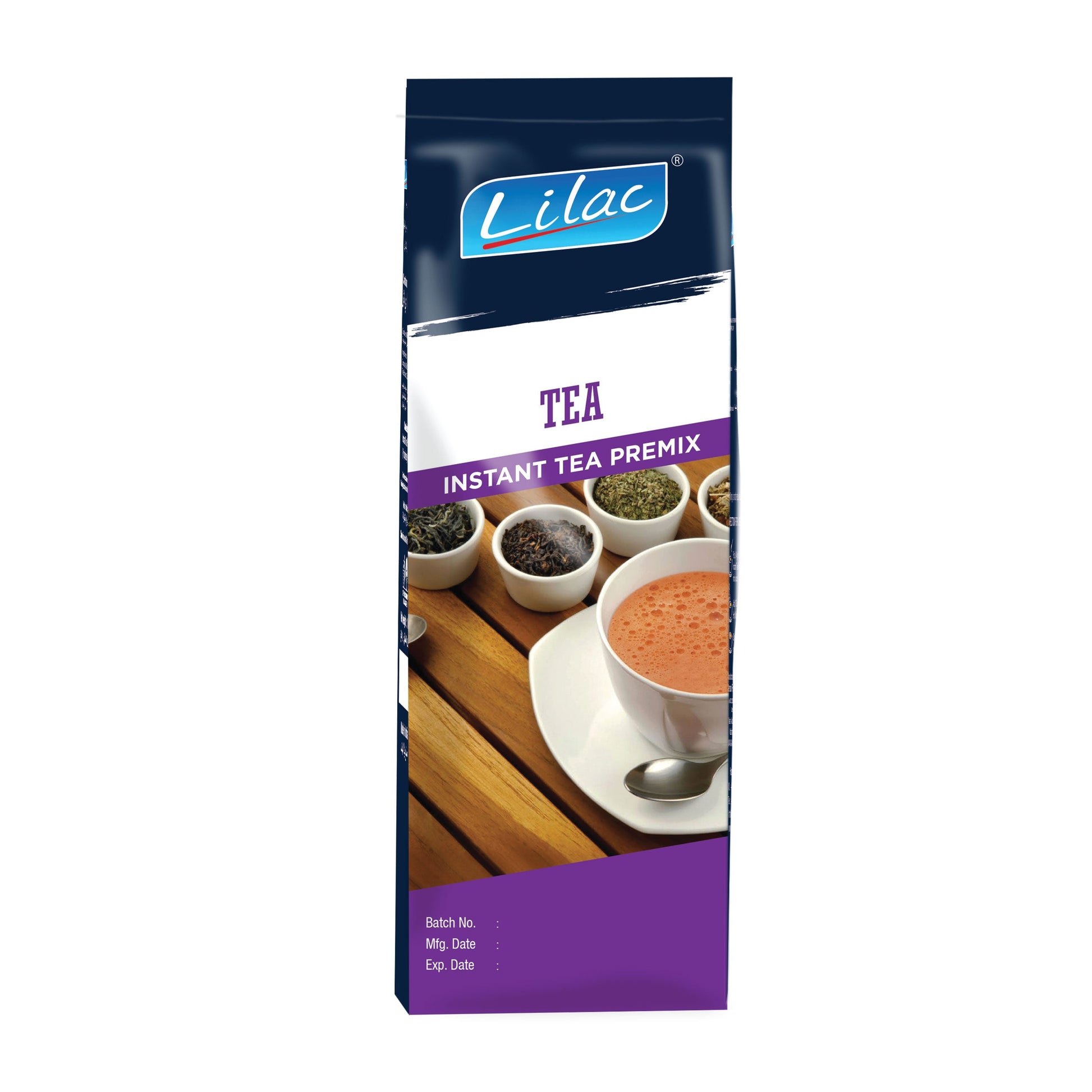 Lilac instant tea premix 1kg packet with image of a cup of tea and tea leaves on wooden surface