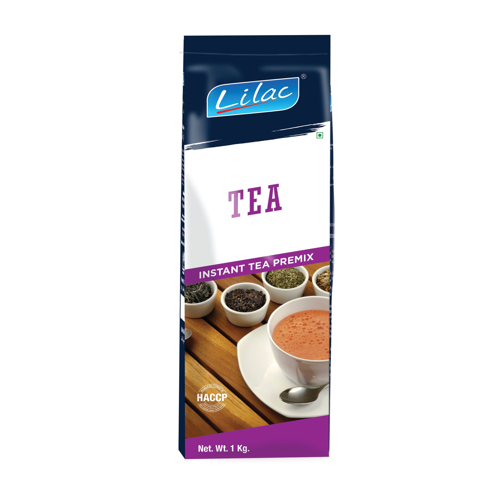 Lilac instant tea premix 1kg pack with cup of tea and tea leaves on wooden table