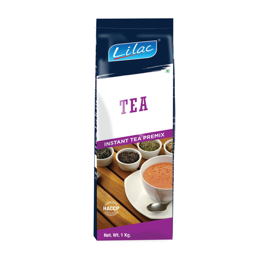 Lilac instant tea premix 1kg pack with cup of tea and tea leaves on wooden table