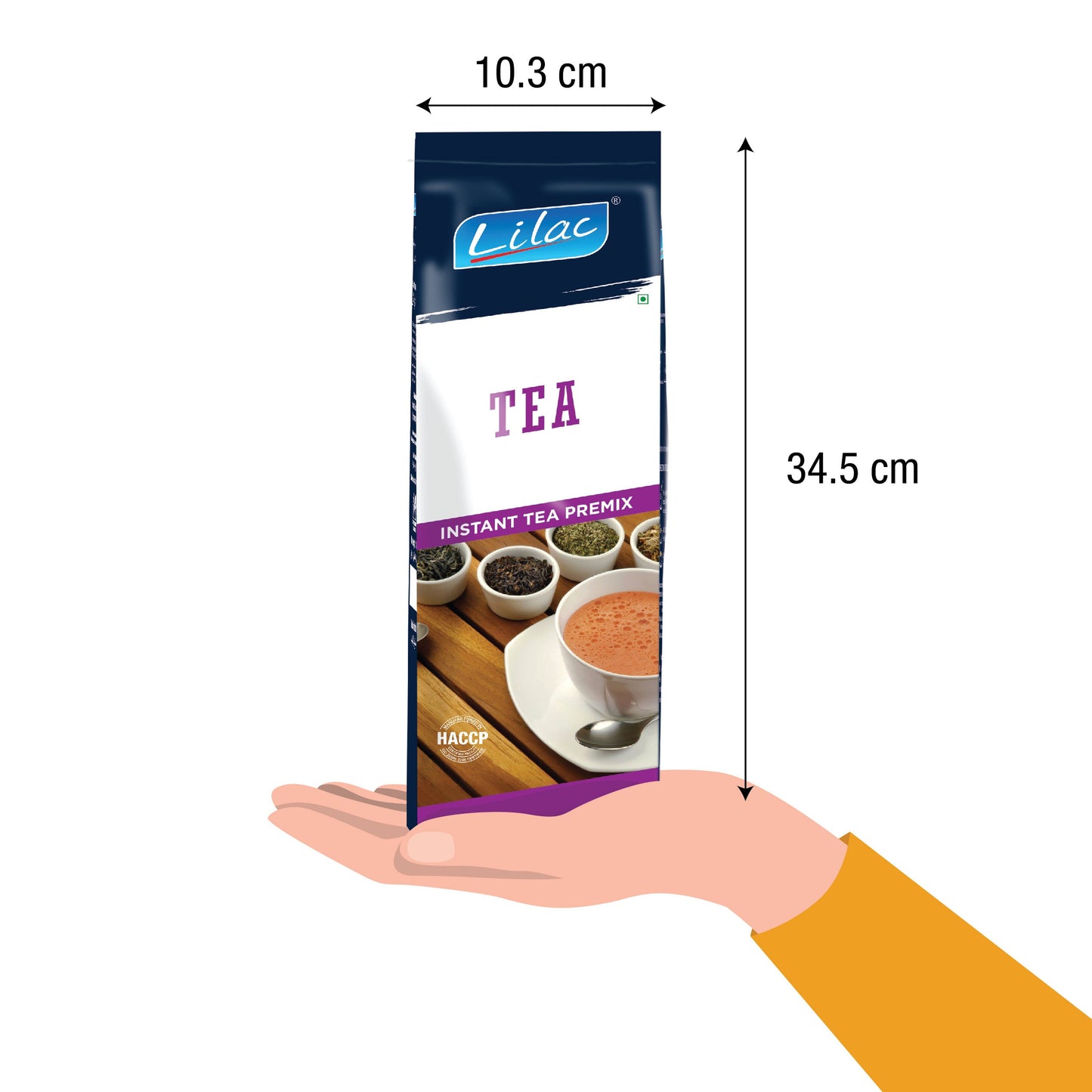 Lilac instant tea premix 1kg pack held in hand showing tea cup and loose tea leaves on label