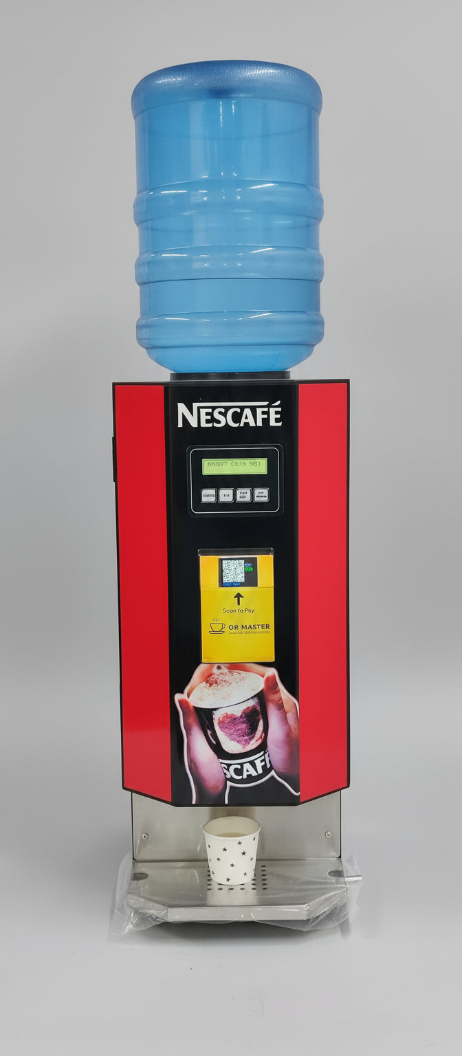 Nescafe branded 2-lane office coffee machine with digital display and blue water bottle on top