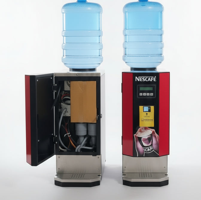 Front and open view of 2-lane smart hot beverage dispenser with blue water containers from atlantisplus.com
