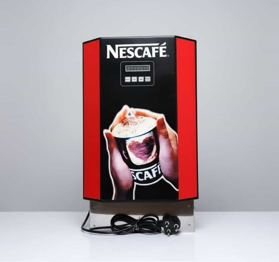 Nescafe 3 lane vending machine Delhi with digital display and red black design for tea and coffee vending