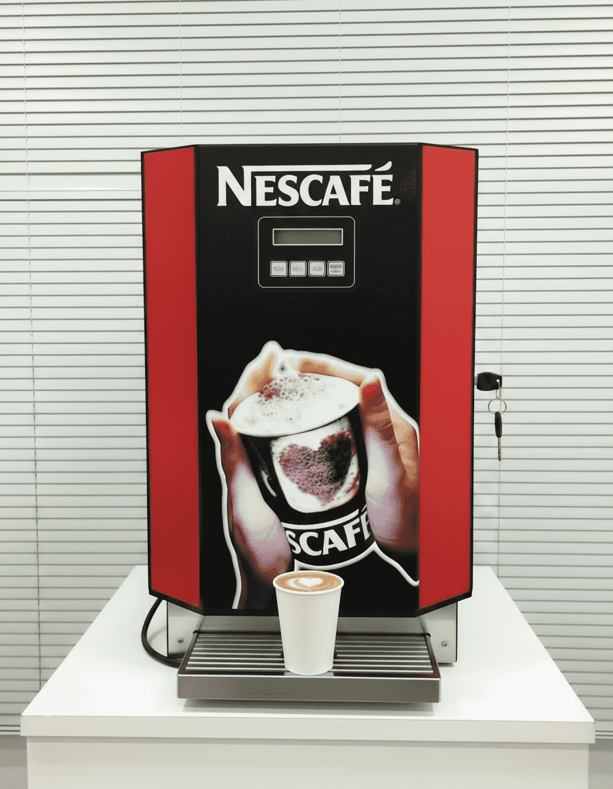 Nescafe 3 lane vending machine Delhi in black and red with a cup of coffee placed on the drip tray