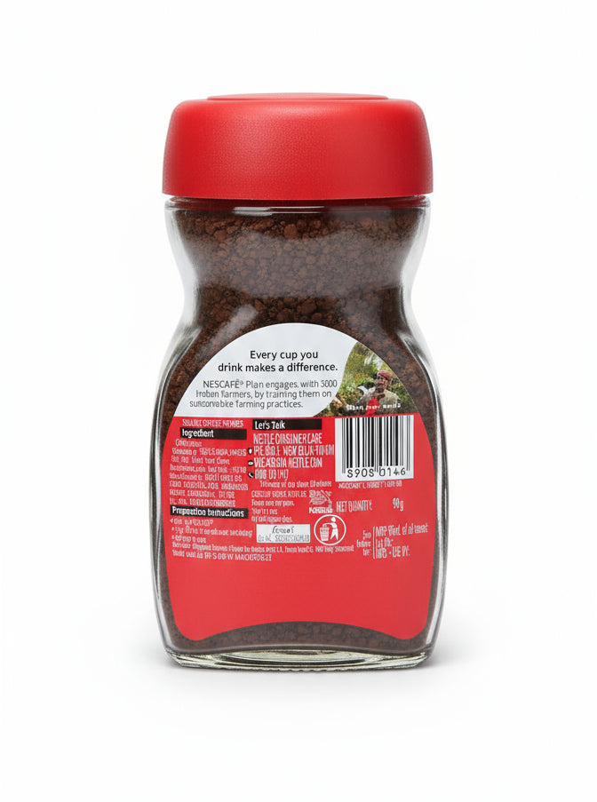 Back view of Nescafe Classic 90g coffee jar with red lid and detailed label