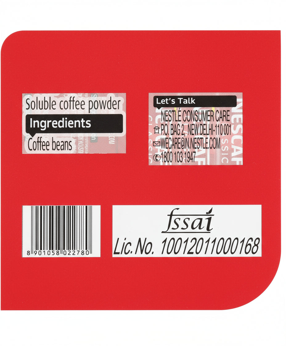 Back label of Coffee walla Nescafe Classic instant coffee sachets showing ingredients and contact information