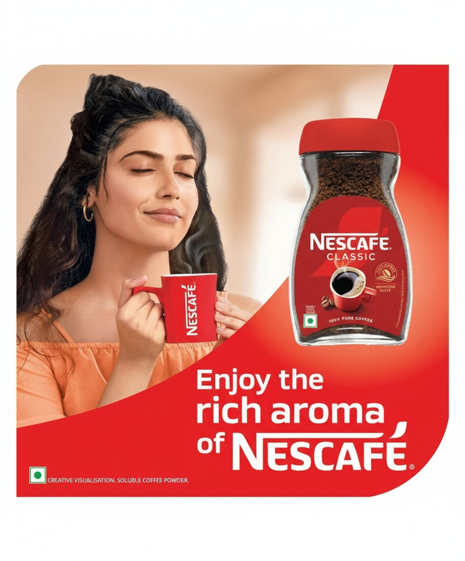 Nescafe Classic instant coffee sachets with a woman enjoying a cup of coffee and rich aroma