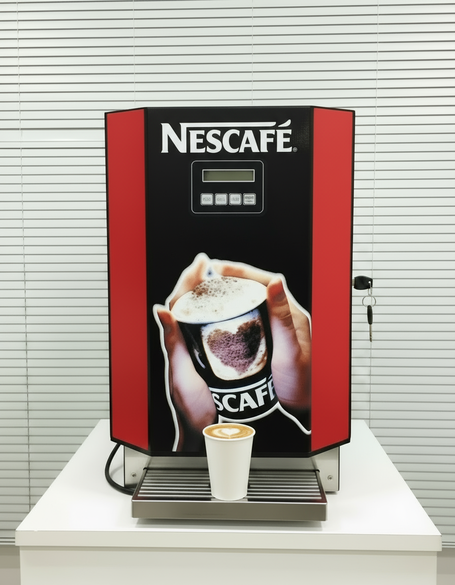 Nescafe Coffee Machine 3 Line red and black vending machine with a cup of coffee on the drip tray