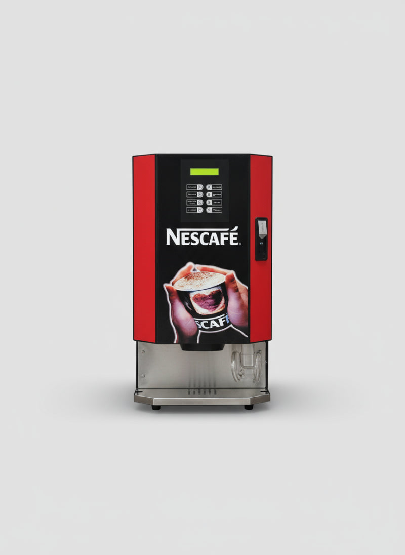 Nescafe coffee machine for office with red and black design and digital keypad for easy coffee dispensing