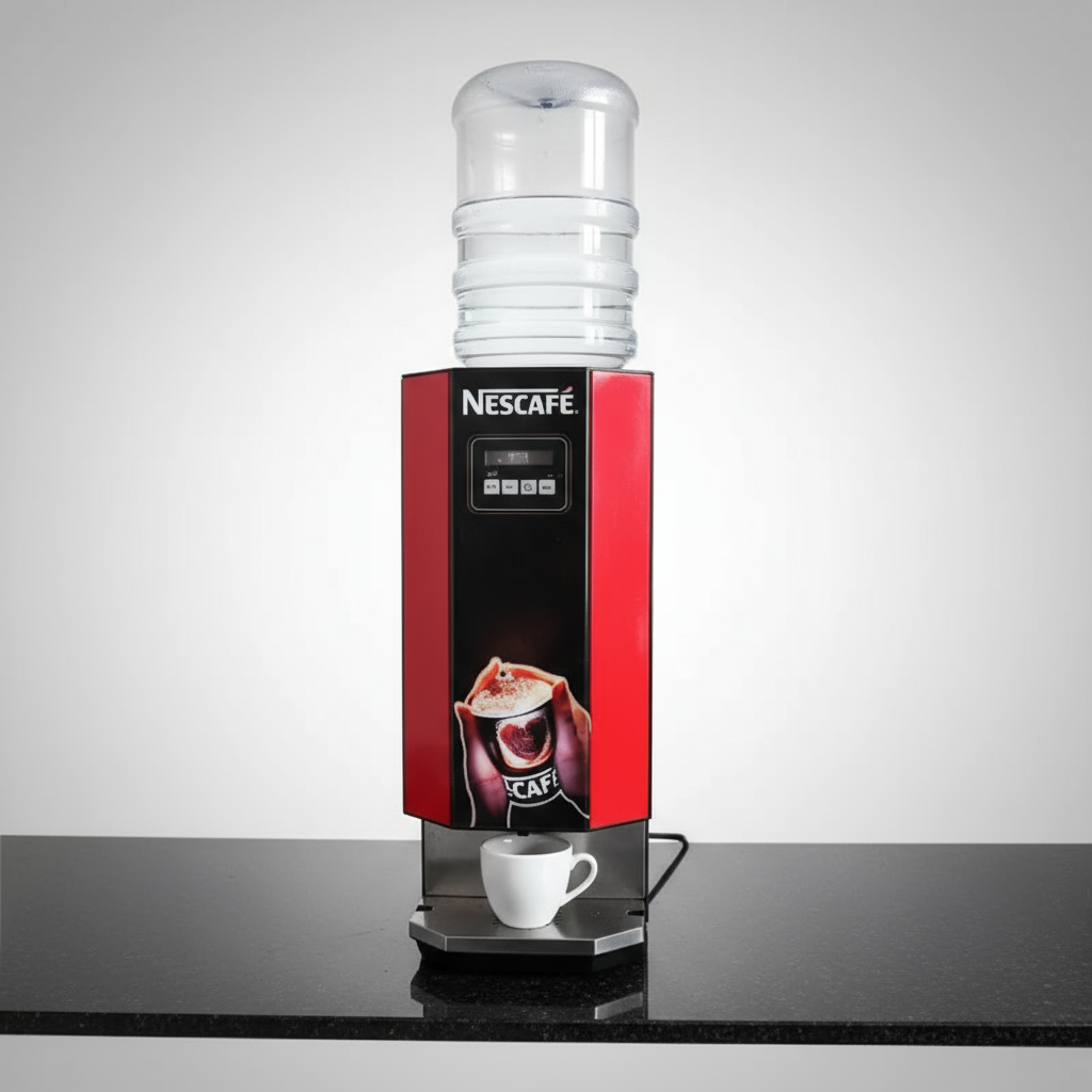 Nescafe coffee machine with red and black design and white cup on black counter showing nescafe coffee machine price delhi