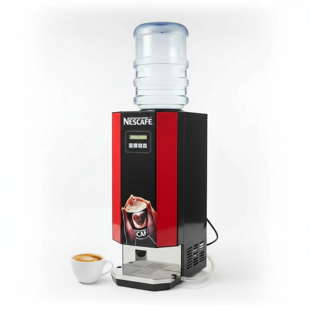 Nescafe coffee machine with water dispenser and cup of coffee showing nescafe coffee machine price delhi