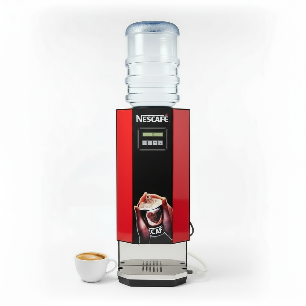 Nescafe coffee vending machine with water bottle on top and a cup of coffee beside it