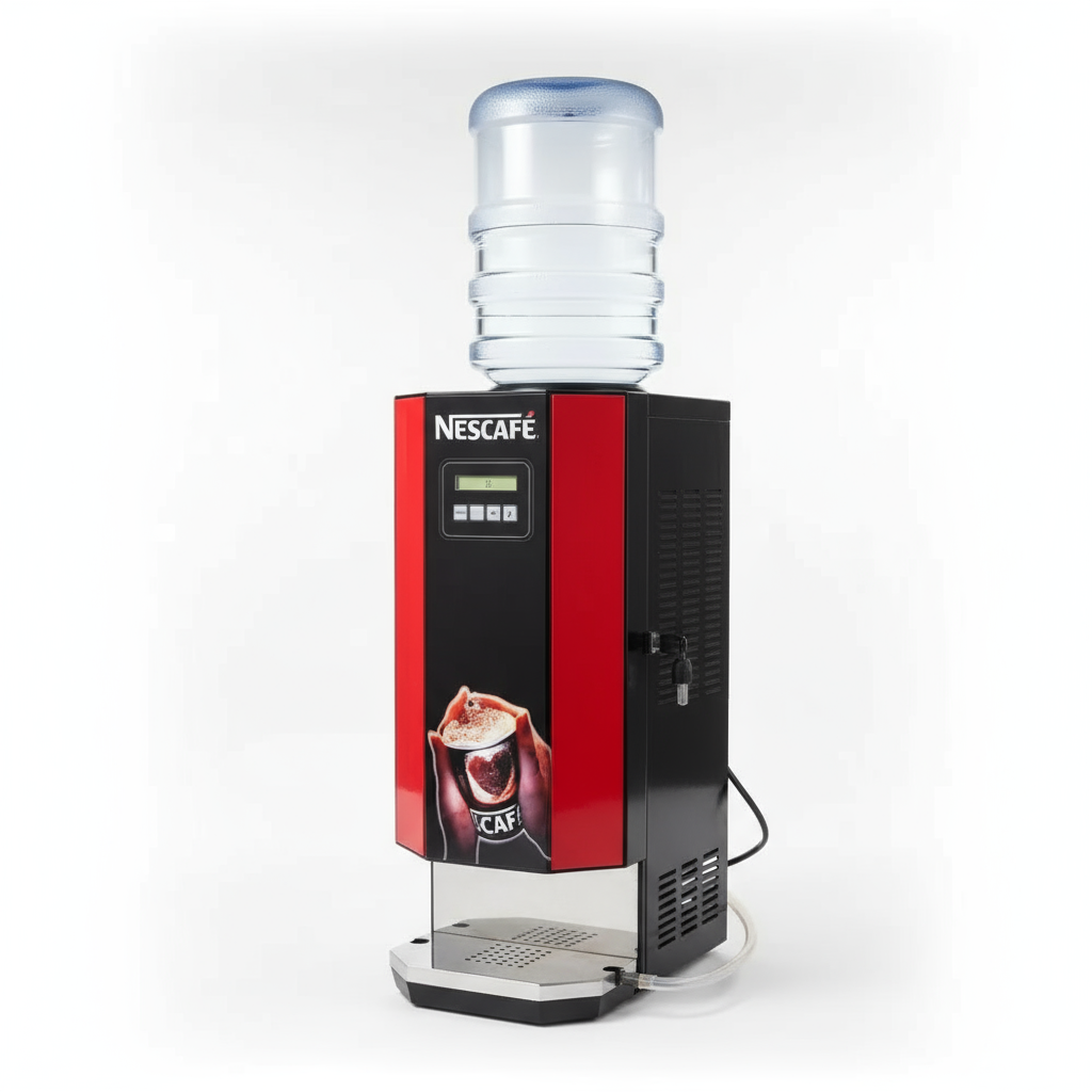 Nescafe coffee vending machine in red and black with water bottle on top for office use