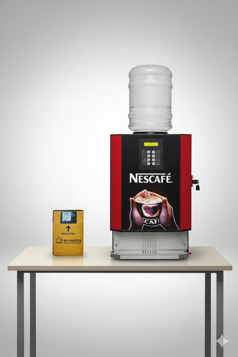Coffee Walla commercial coffee machine with digital payment featuring Nescafe branding on a table