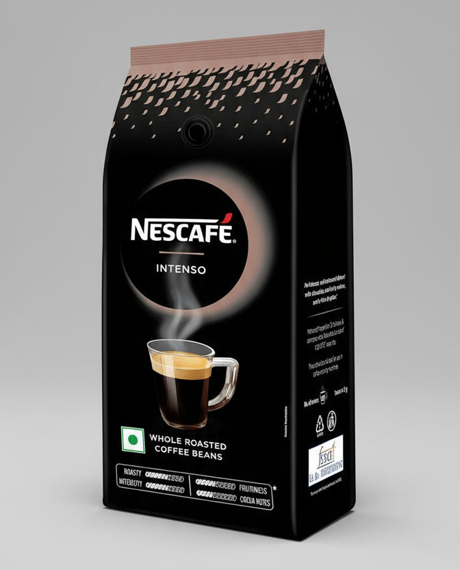 Nescafe Intenso coffee beans whole roasted packaged in a black bag with cup of coffee image