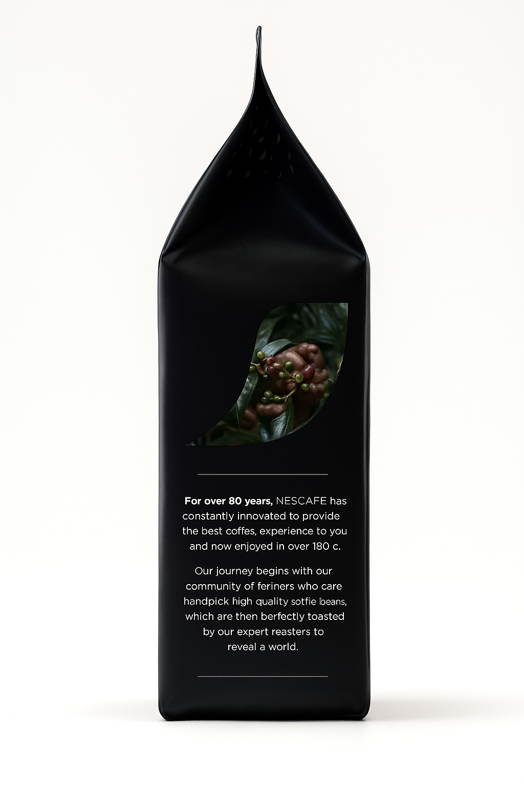 Black package of Nescafe Intenso coffee beans with text and image of coffee cherries on branch