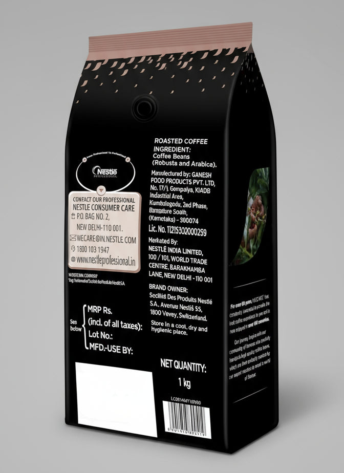 Back view of 1kg Nescafe Intenso coffee beans black packaging with product details and manufacturing info