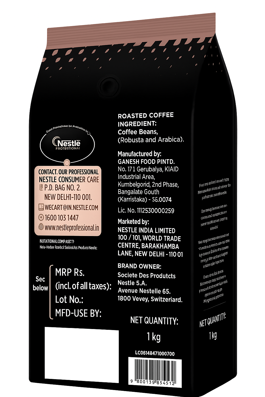 Back view of 1kg Nescafe Intenso coffee beans black packaging showing product and manufacturer details
