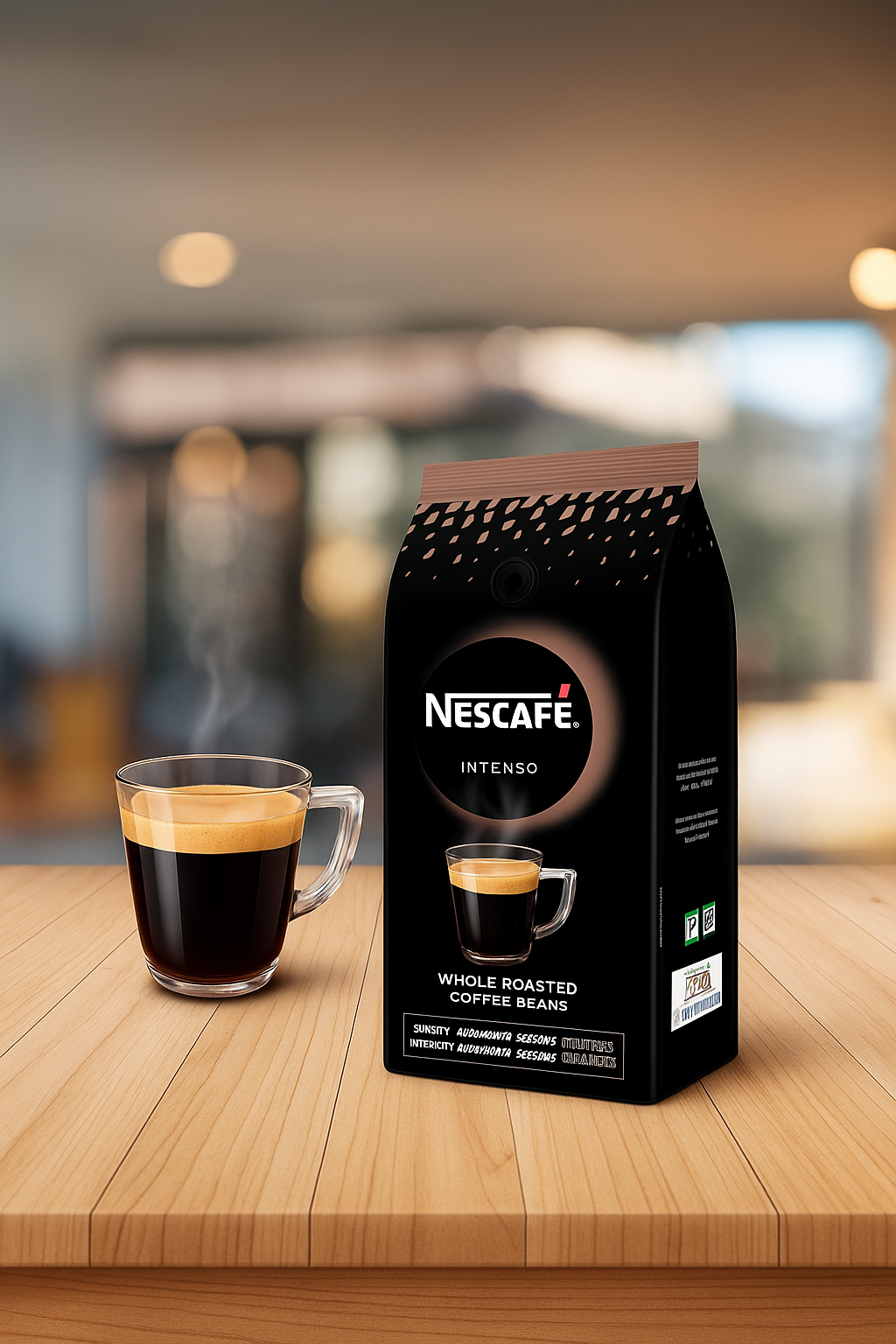 Nescafe Intenso coffee beans whole roasted in black packaging with a steaming cup of espresso on wooden table