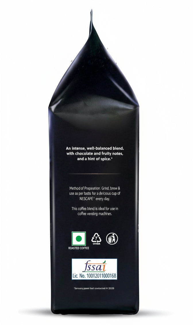 Black package of Nescafe Intenso coffee beans with product description and usage instructions