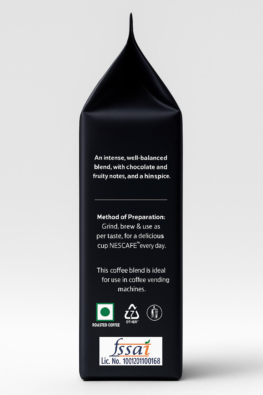 Back of black Nescafe Intenso coffee beans package with preparation instructions and product details