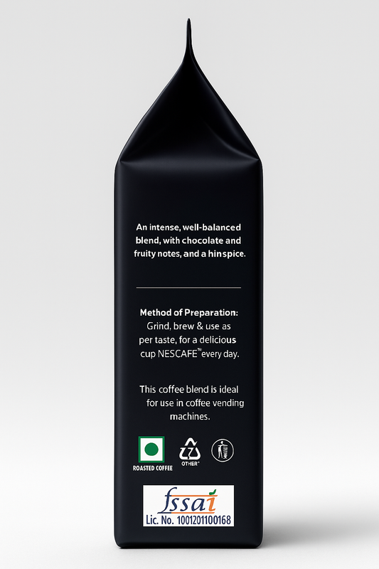 Back of black Nescafe Intenso coffee beans package with preparation instructions and product details