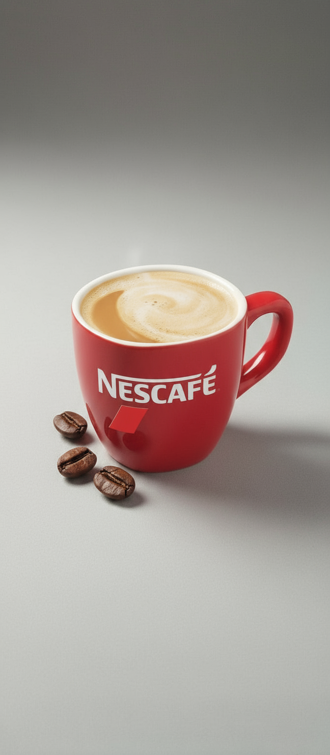 Red Nescafe mug filled with creamy coffee and coffee beans nearby Nescafe premium coffee for vending machines