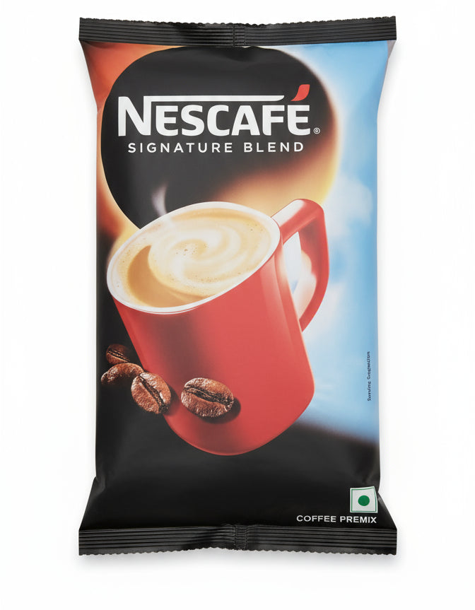 Nescafe premium coffee for vending machines in a black package with red coffee cup and coffee beans
