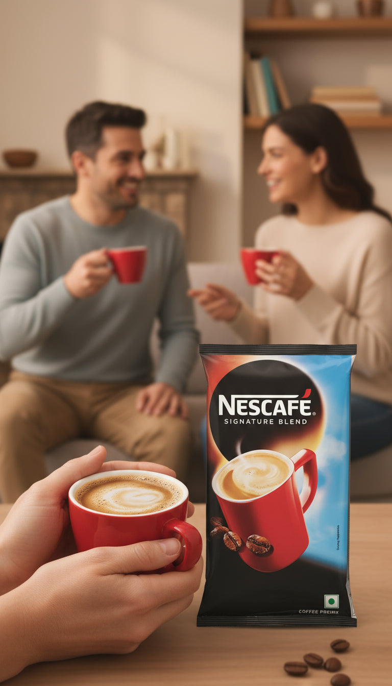 Nescafe Signature Blend 1kg price pack with two people enjoying coffee in the background