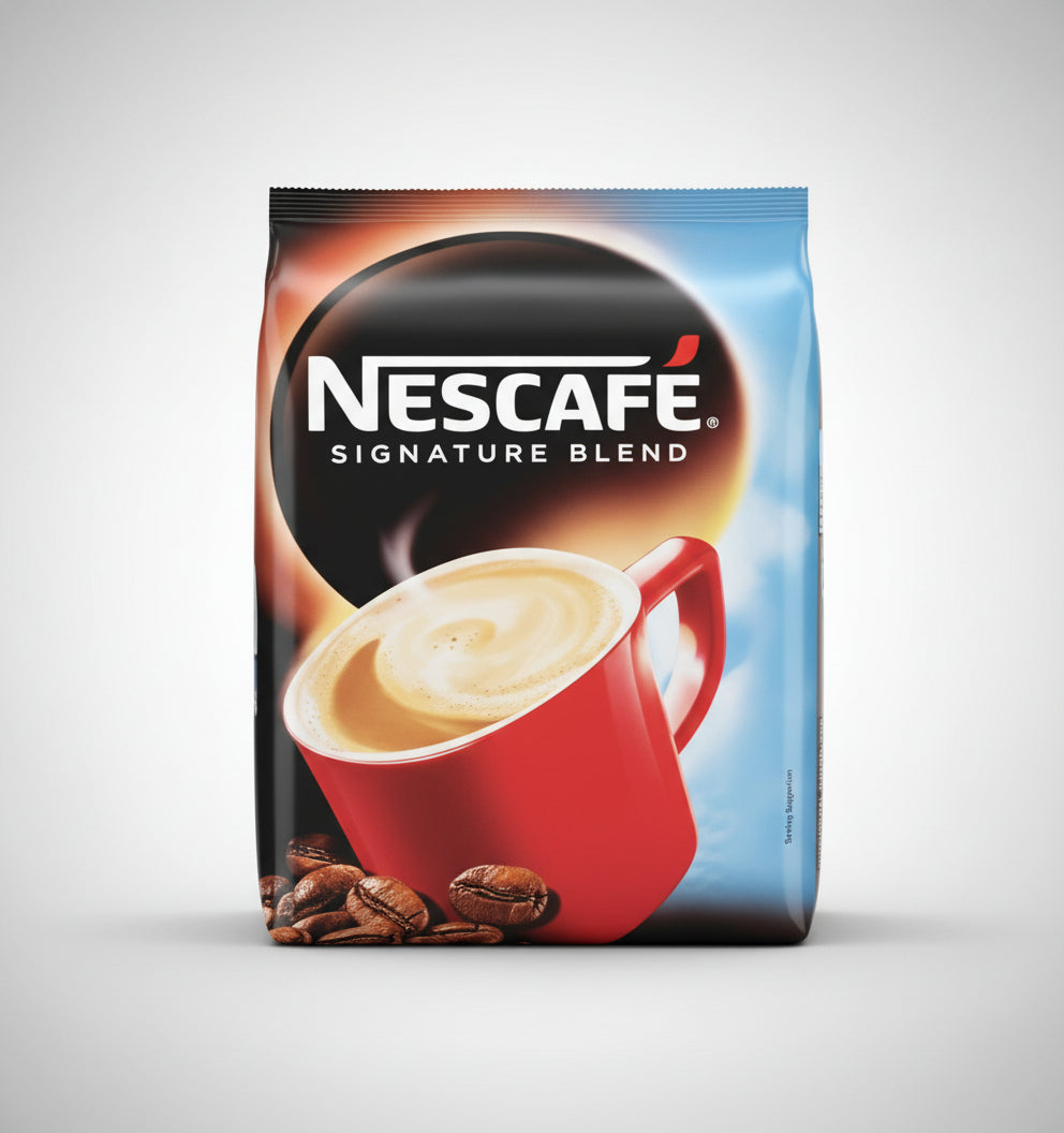 Nescafe Signature Blend coffee pack with red cup and coffee beans showing Nescafe Signature Blend 1kg price