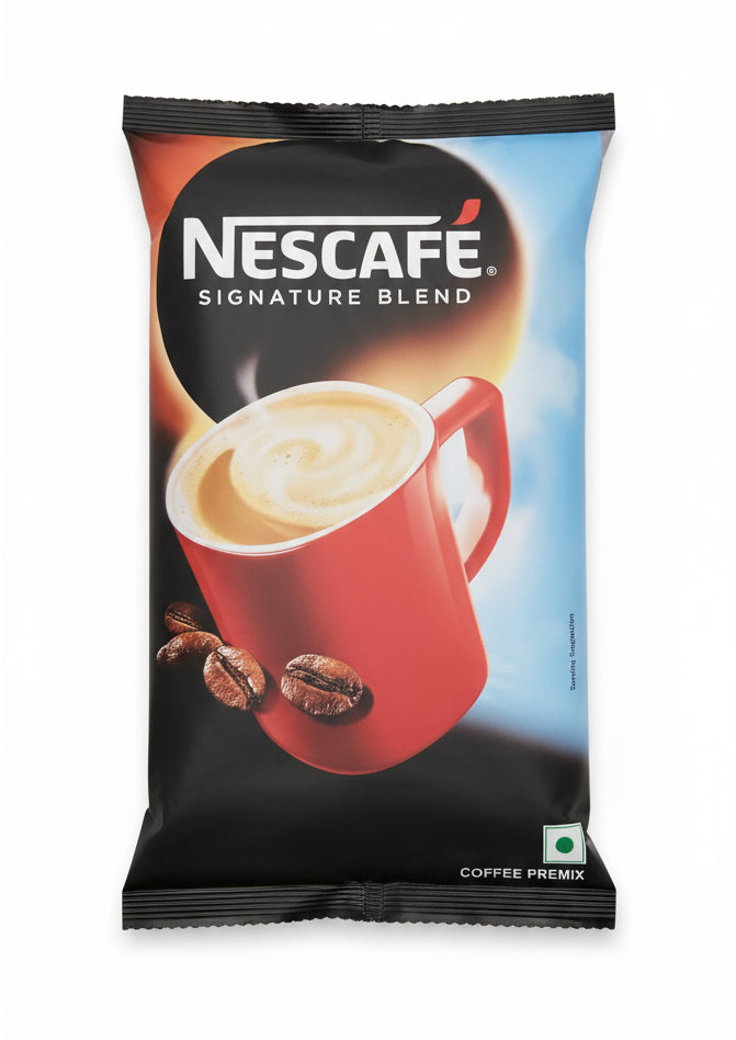 Nescafe Signature Blend vending machine coffee premix pack with a red cup of creamy coffee and coffee beans