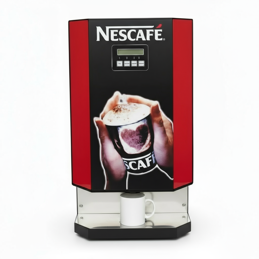 Nescafe smart coffee vending machine with black and red design dispensing coffee into a white mug