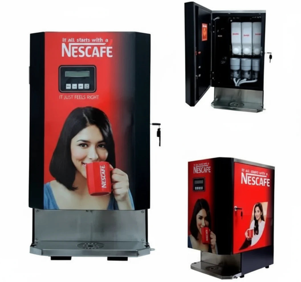 Nescafe smart coffee vending machine with black and red design featuring woman drinking coffee and multiple product views
