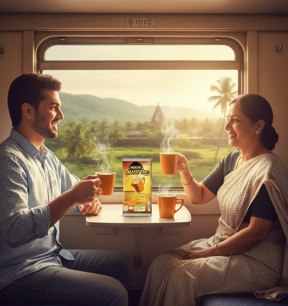Couple enjoying hot cups of Nescafe Sunrise coffee premix inside a train with scenic landscape view