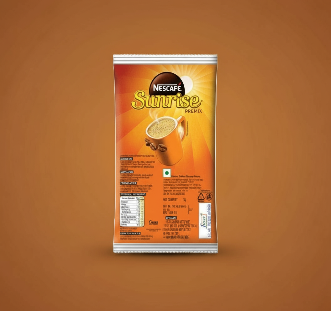 Nescafe Sunrise coffee premix packet with a steaming cup of coffee on orange background