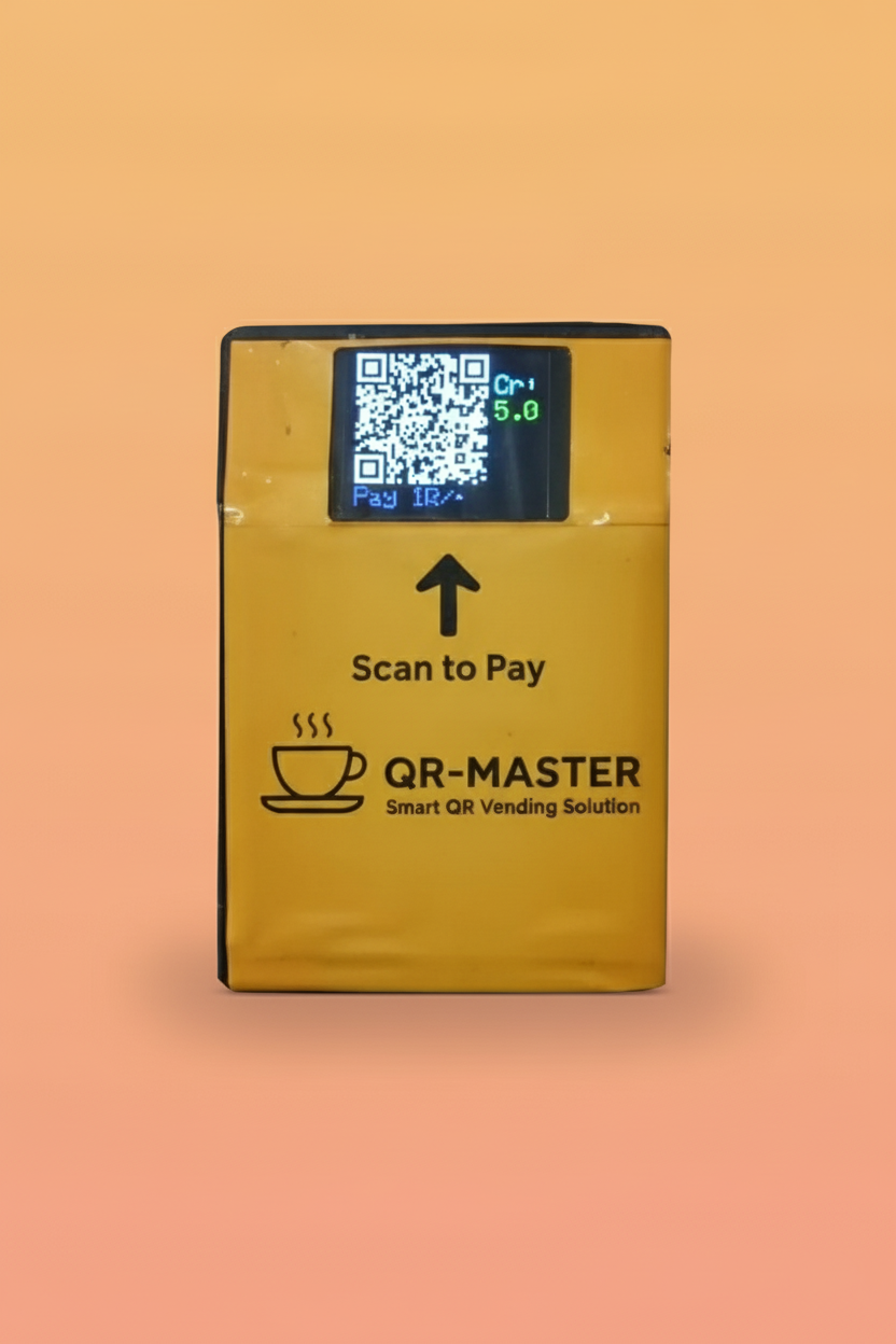 Nescafe vending machine with UPI featuring QR code payment display on yellow QR-Master device