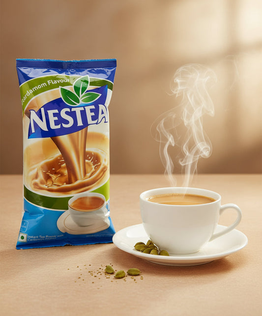 Nestea Cardamom Tea Premix 1kg pack beside a steaming cup of cardamom tea on a white saucer