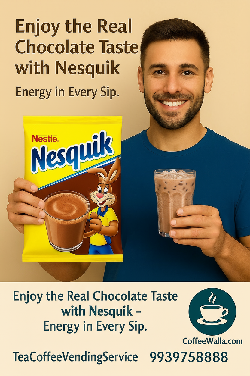 Man holding Best Nesquik Hot Chocolate Mix Delhi 500g pack and a glass of chocolate drink smiling