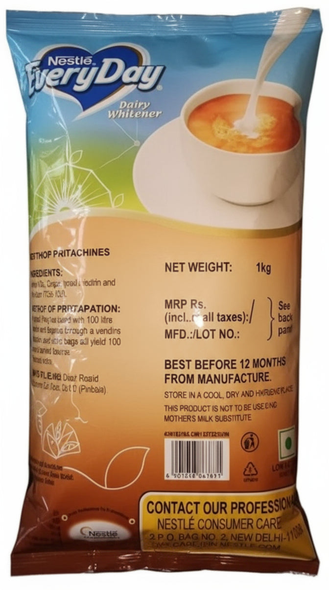 Nestle EveryDay dairy whitener 1kg pack with image of milk pouring into tea cup