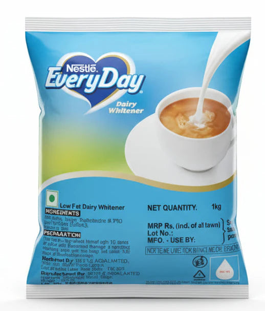 Nestle Everyday dairy whitener 1kg packet with image of milk being poured into tea cup