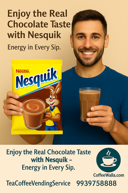 Smiling man holding Nesquik hot chocolate mix Delhi packet and glass of hot chocolate