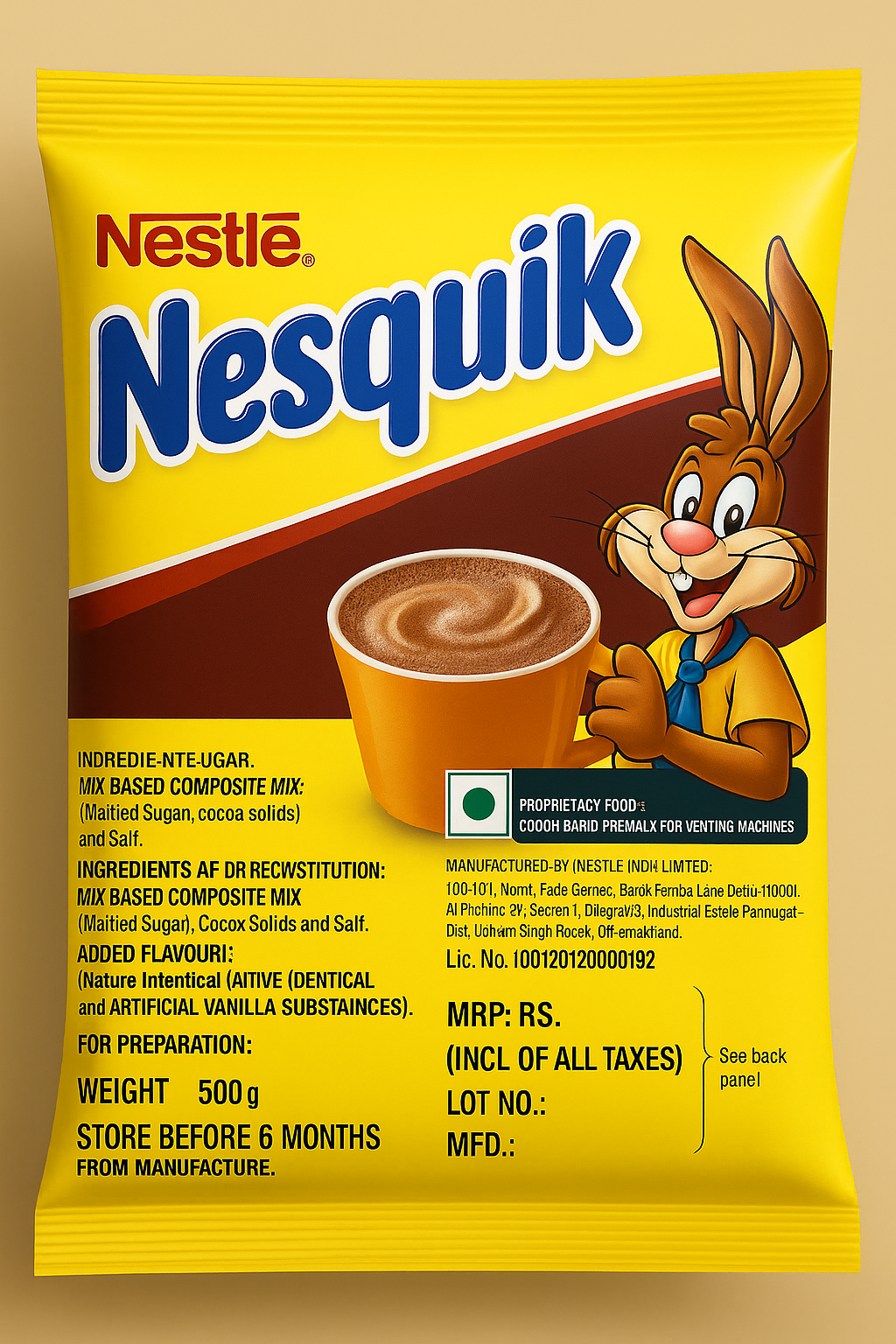 Nestle Nesquik hot chocolate mix 500g pack with rabbit mascot and nutritional information Nesquik hot chocolate mix Delhi