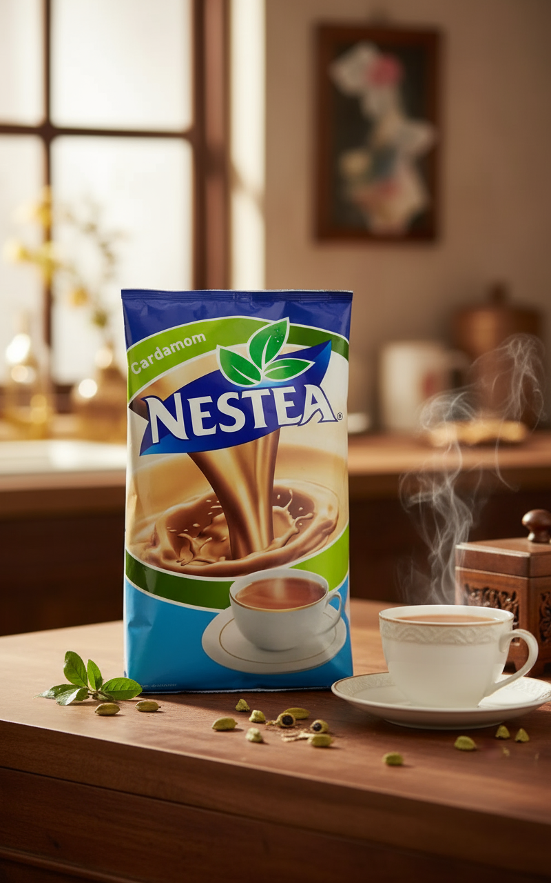 Nestea cardamom tea premix by Coffee walla package with a steaming cup of cardamom tea on wooden table