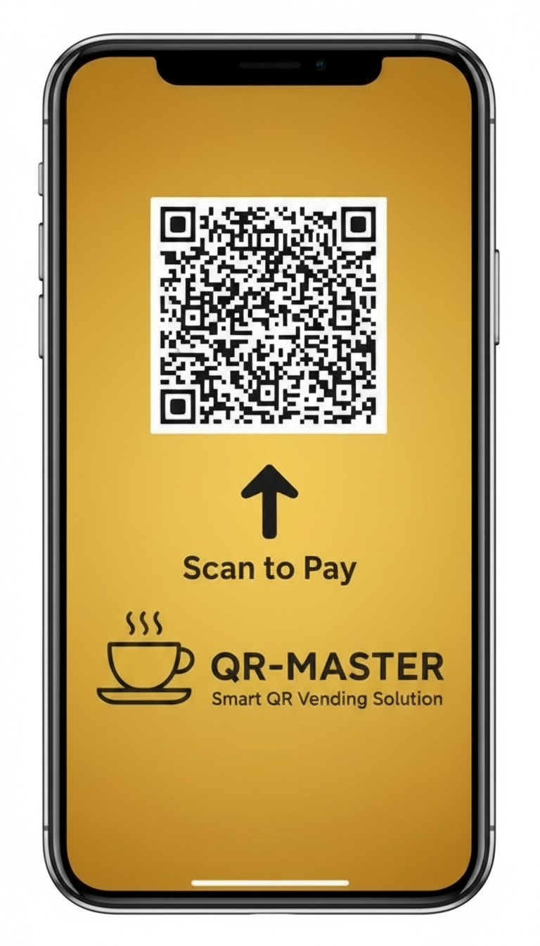 Smartphone screen showing QR code for QR-MASTER UPI WiFi vending machine payment solution