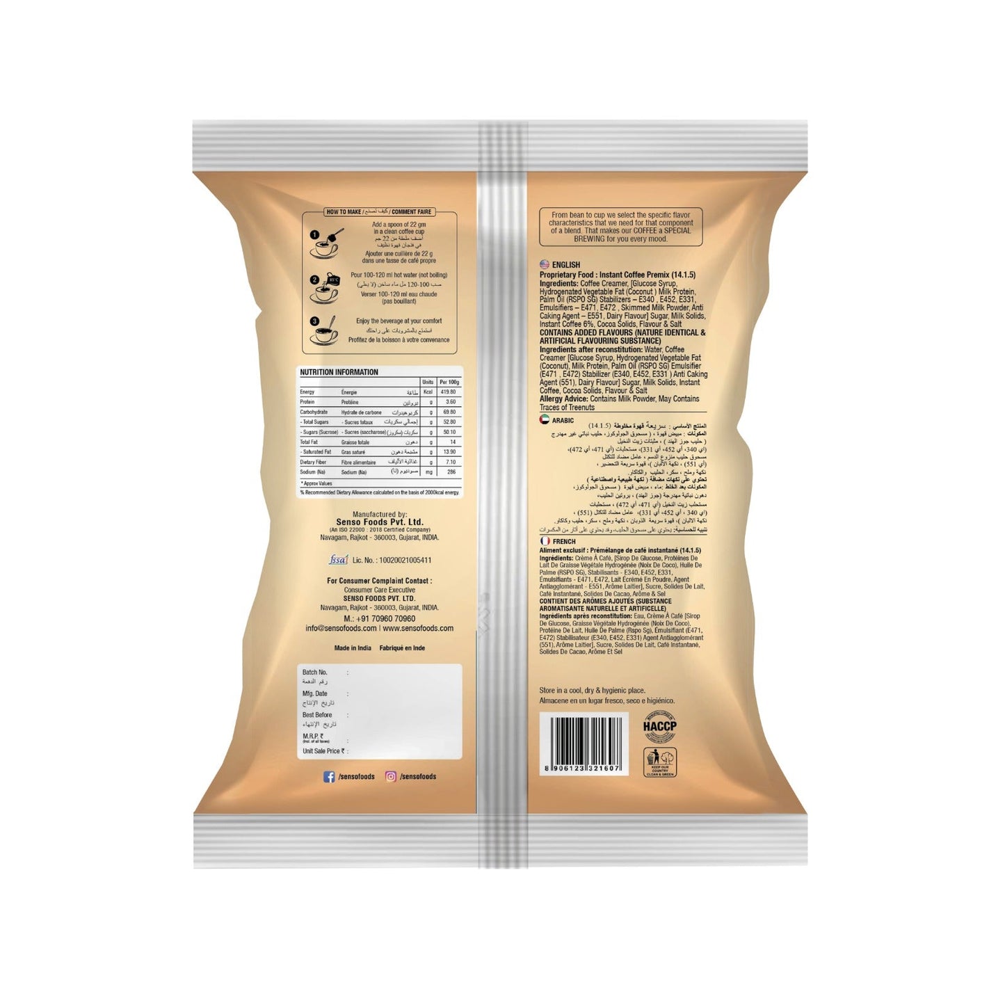 Back view of Senso 3 in 1 Instant Coffee Classic 1kg package with nutritional information and usage instructions